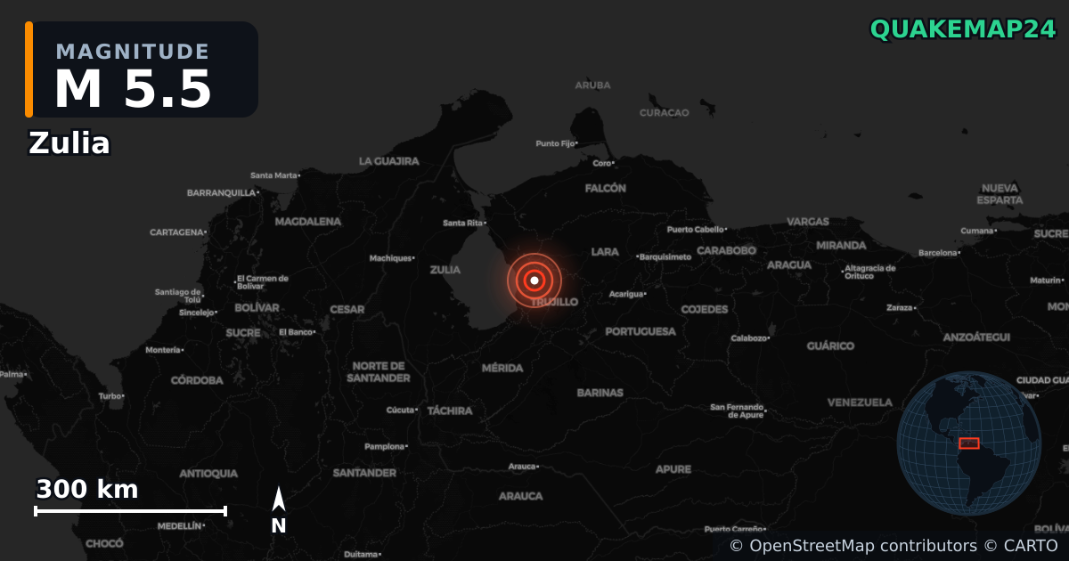 M5.5 earthquake near Zulia on Sep 25, 2025 — map of epicenter and shaking intensity | QuakeMap24