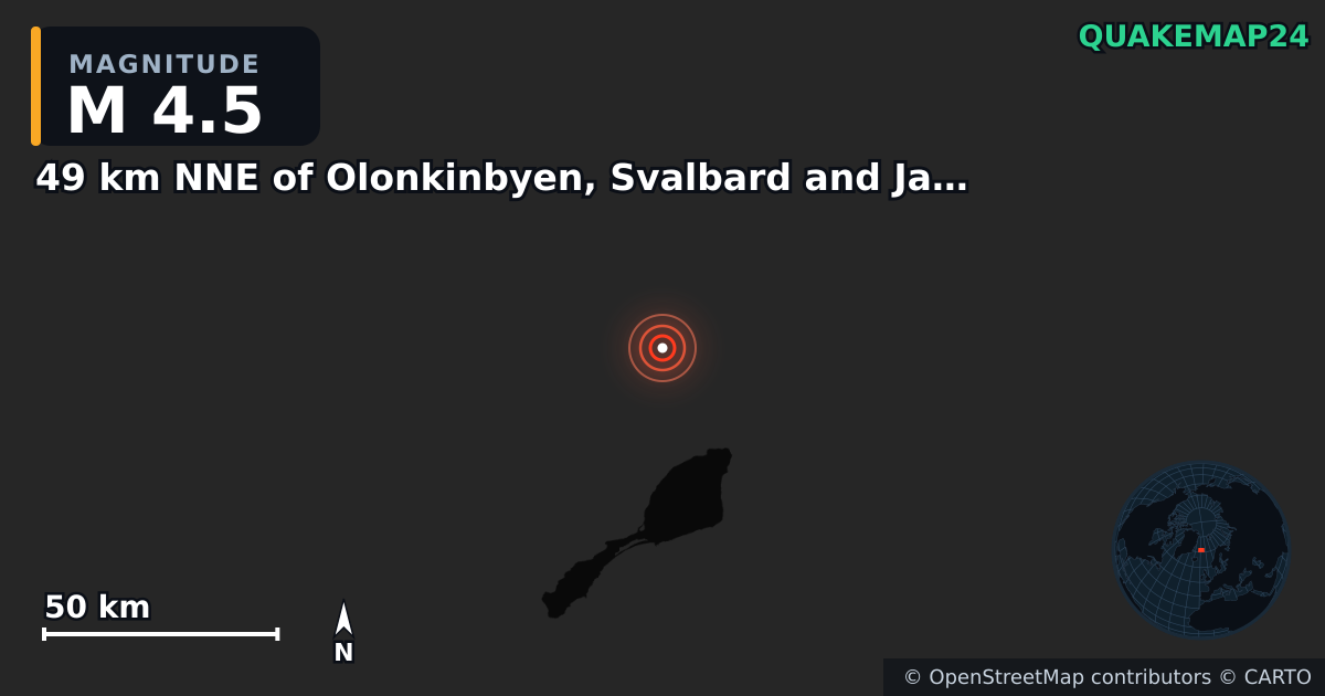 M4.5 earthquake near 49 km NNE of Olonkinbyen, Svalbard and Jan Mayen on Mar 4, 2025 — map of epicenter and shaking intensity | QuakeMap24