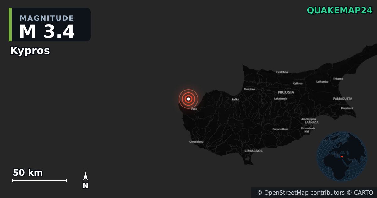 M3.4 earthquake near Kypros on Mar 9, 2026 — map of epicenter and shaking intensity | QuakeMap24