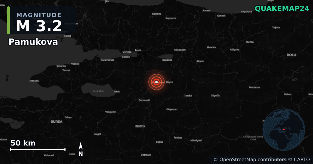 M3.2 earthquake near Pamukova on Nov 28, 2025 — map of epicenter and shaking intensity | QuakeMap24