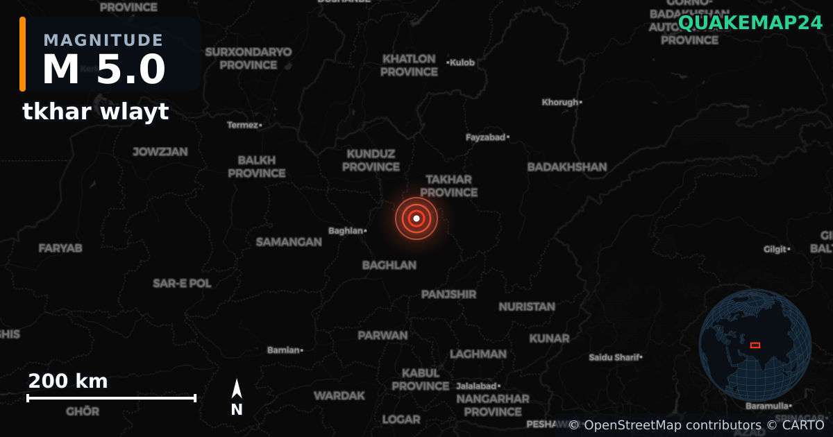 M5.0 earthquake near tkhar wlayt on Dec 19, 2025 — map of epicenter and shaking intensity | QuakeMap24