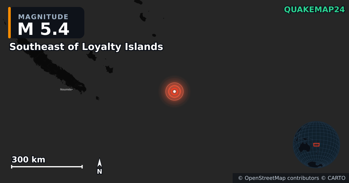 M5.4 earthquake near Southeast of Loyalty Islands on Nov 26, 2025 — map of epicenter and shaking intensity | QuakeMap24