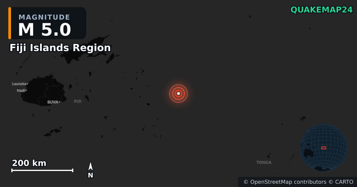 M5.0 earthquake near Fiji Islands Region on Sep 15, 2025 — map of epicenter and shaking intensity | QuakeMap24