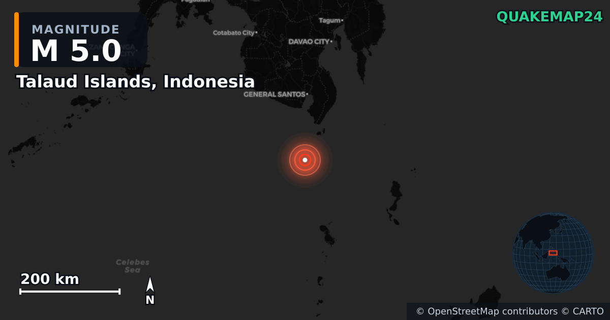 M5.0 earthquake near Talaud Islands, Indonesia on Jun 19, 2026 — map of epicenter and shaking intensity | QuakeMap24
