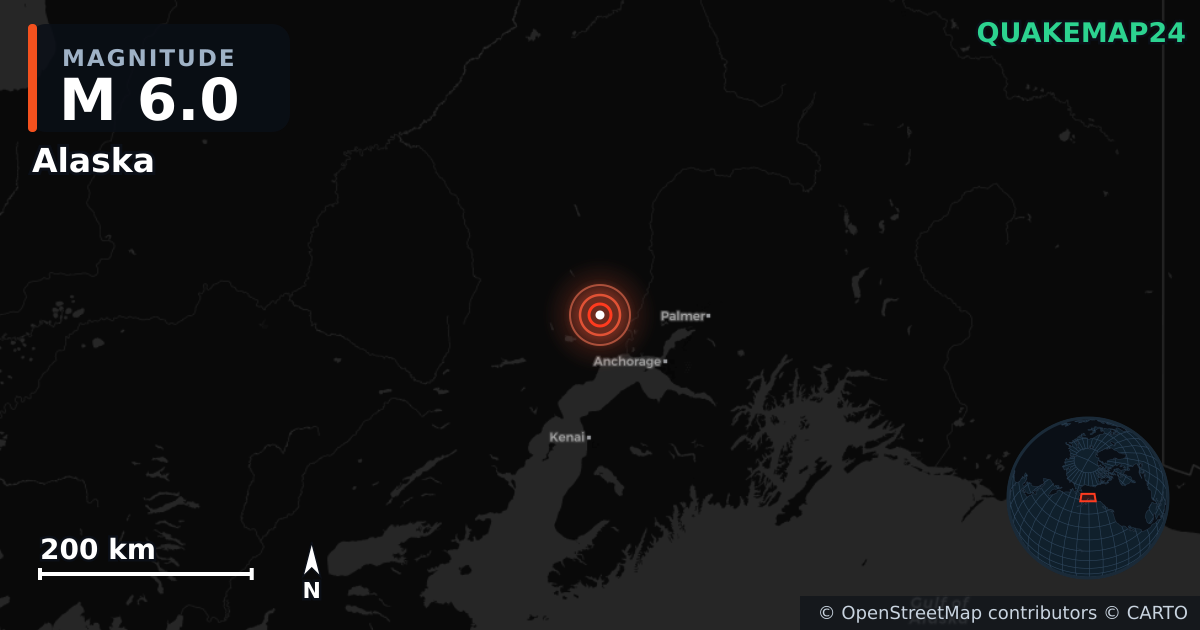 M6.0 earthquake near Alaska on Nov 27, 2025 — map of epicenter and shaking intensity | QuakeMap24