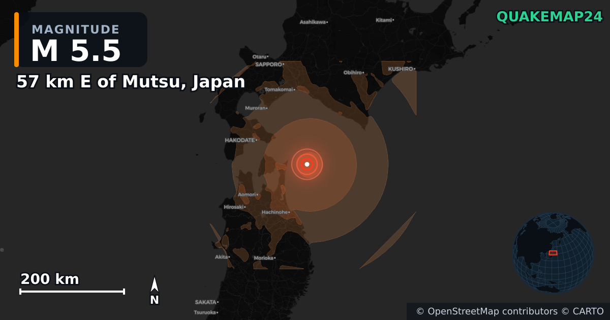 Erdbeben M5,5 bei 57 km E of Mutsu, Japan — Karte der Lage des Epizentrums