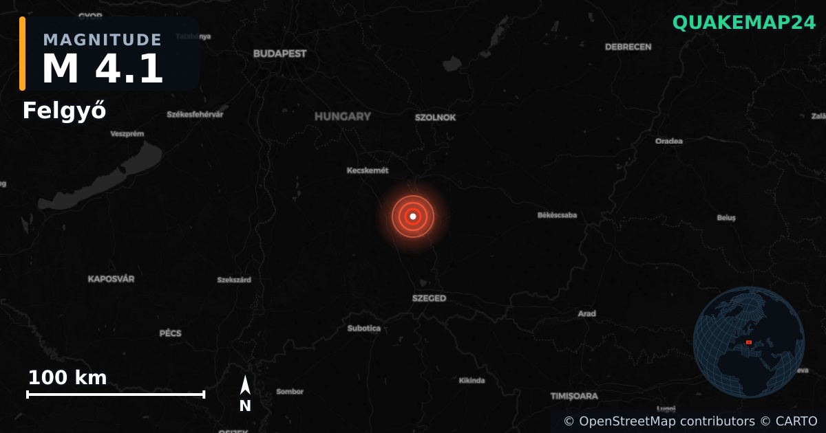 M4.1 earthquake near Felgyő on Oct 21, 2025 — map of epicenter and shaking intensity | QuakeMap24