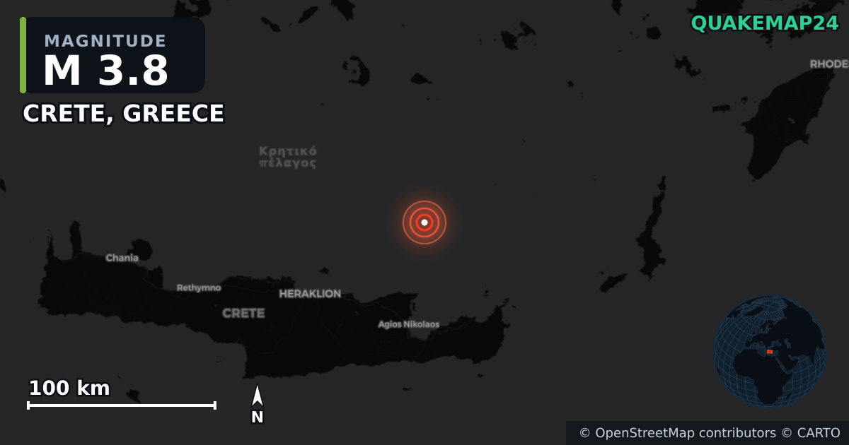 M3.8 earthquake near CRETE, GREECE on Sep 5, 2025 — map of epicenter and shaking intensity | QuakeMap24
