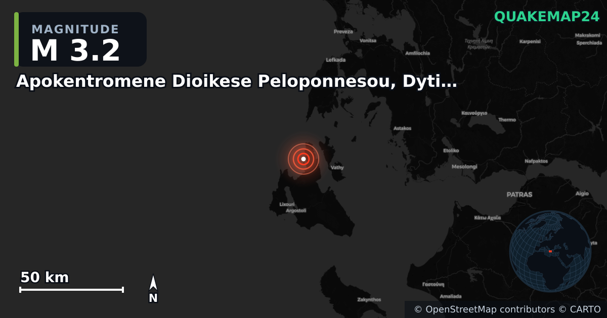 M3.2 earthquake near Apokentromene Dioikese Peloponnesou, Dytikes Elladas kai Ioniou on Jun 8, 2025 — map of epicenter and shaking intensity | QuakeMap24