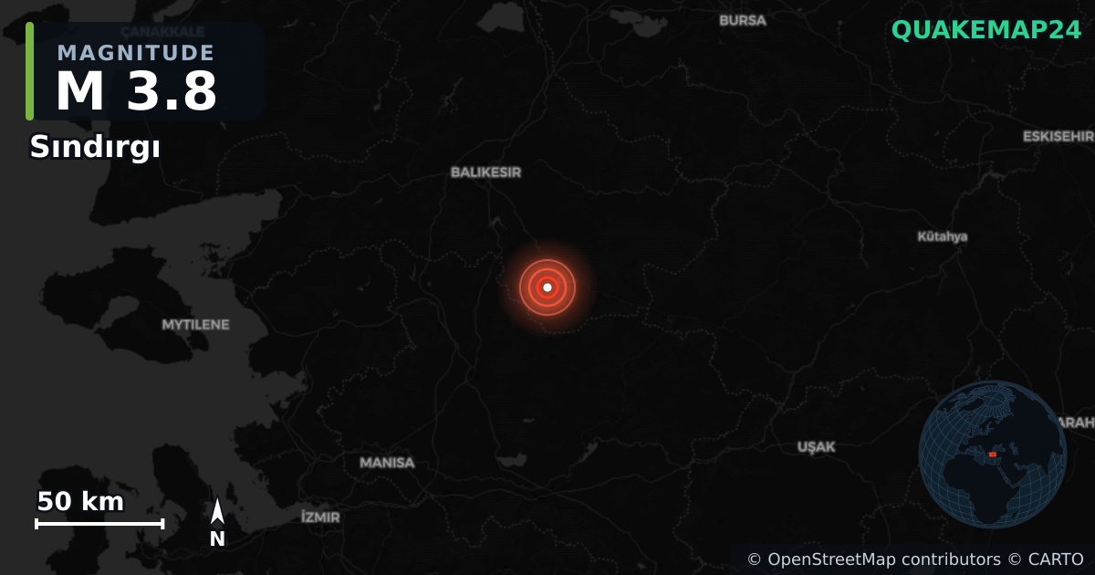 M3.8 earthquake near Sındırgı on Aug 30, 2025 — map of epicenter and shaking intensity | QuakeMap24