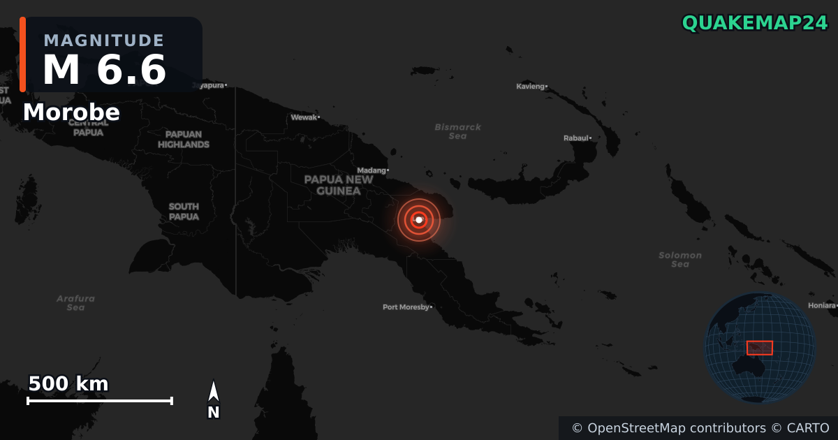 M6.6 earthquake near Morobe on Oct 7, 2025 — map of epicenter and shaking intensity | QuakeMap24