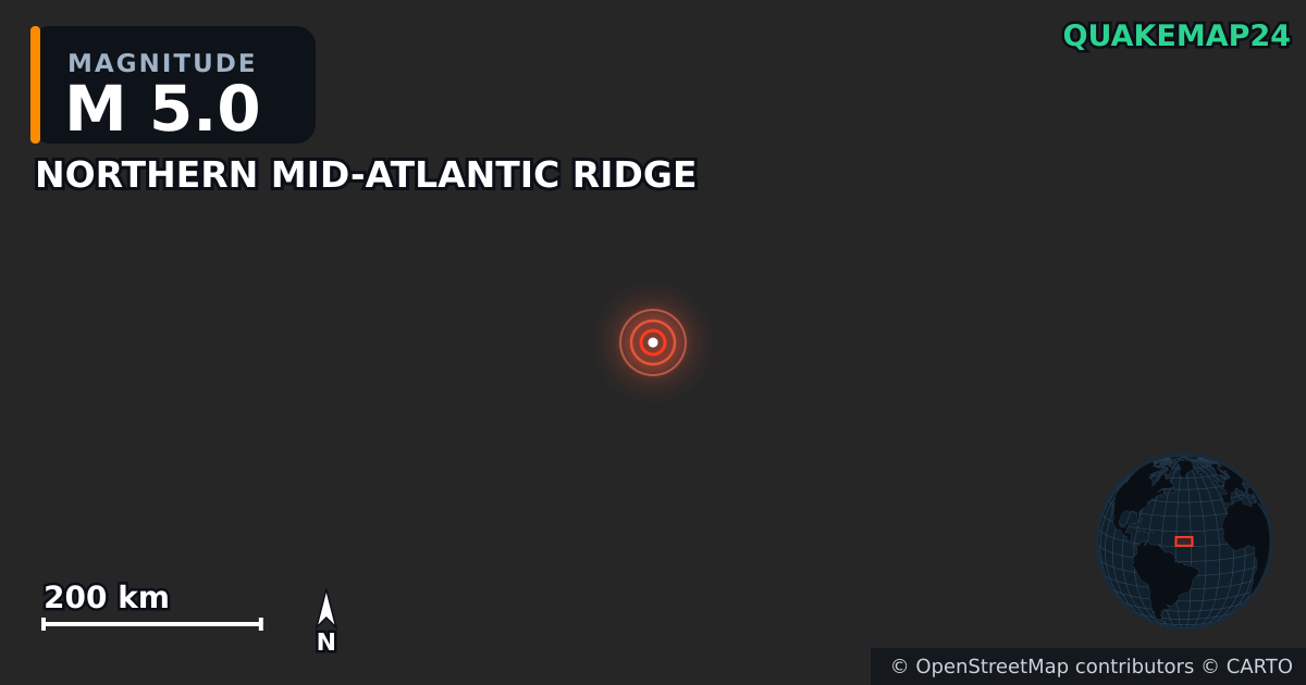 Sismo de M5,0 perto de NORTHERN MID-ATLANTIC RIDGE · 2025-10-06 — Mapa da localização do epicentro