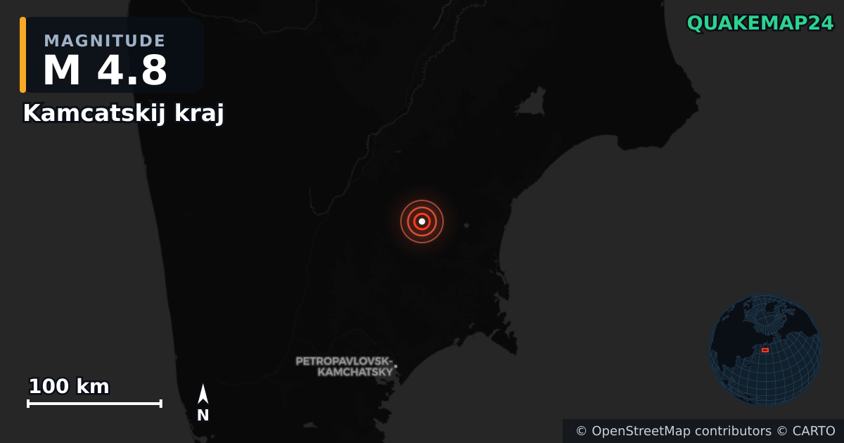 M4.8 earthquake near Kamcatskij kraj on Sep 14, 2025 — map of epicenter and shaking intensity | QuakeMap24