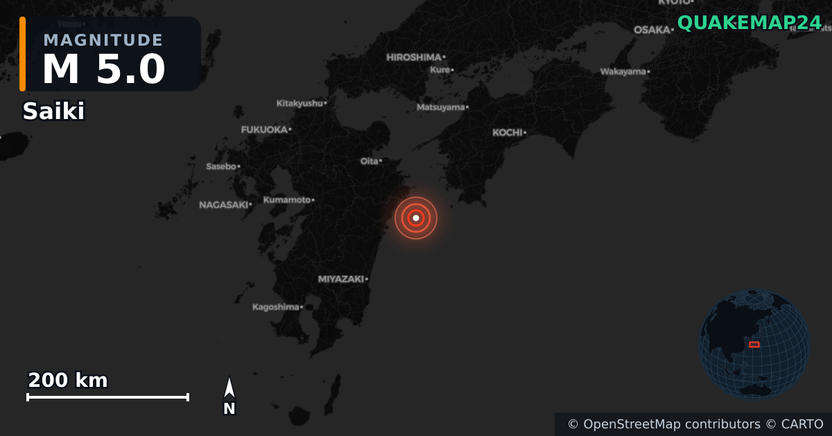 M5.0 Earthquake near Saiki, Oita Prefecture (Japan) · 2026-09-21 — Map showing the location of the epicenter