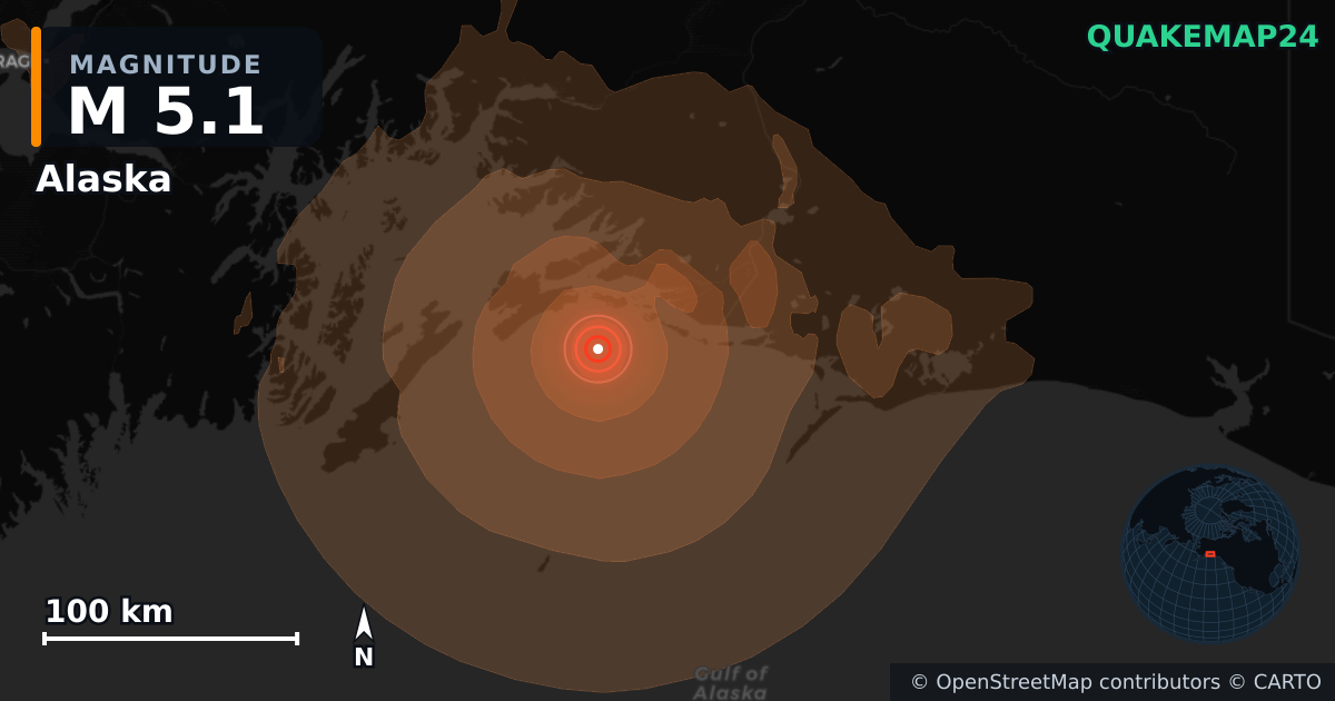 M5.1 earthquake near Alaska on Jun 29, 2026 — map of epicenter and shaking intensity | QuakeMap24