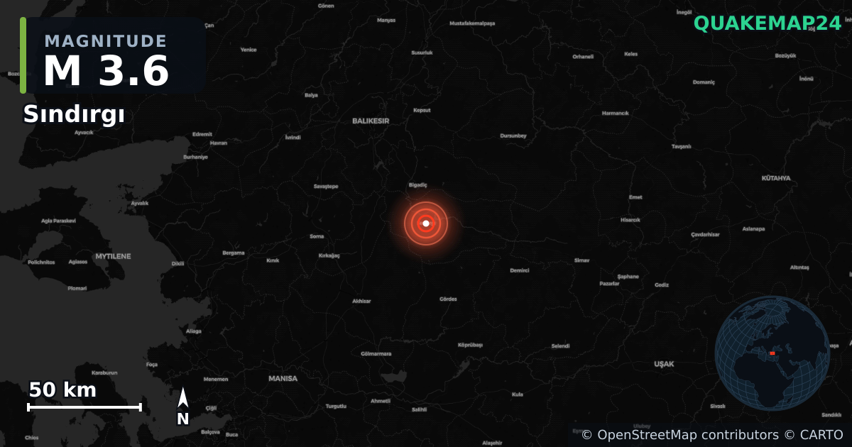 M3.6 earthquake near Sındırgı on Nov 11, 2025 — map of epicenter and shaking intensity | QuakeMap24