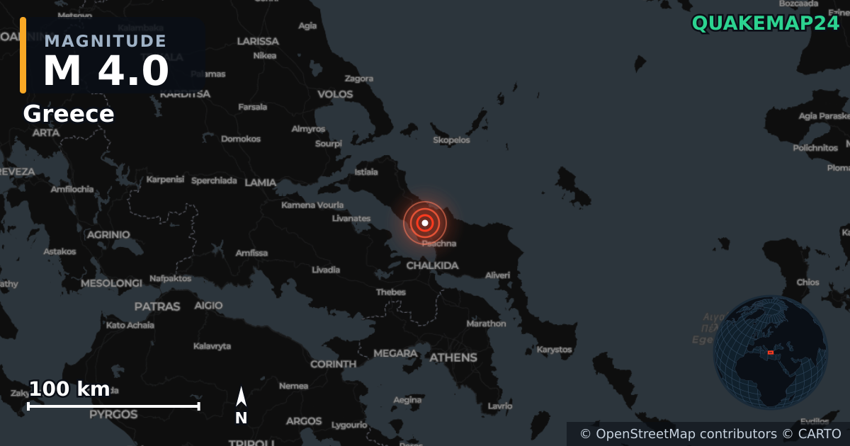 Σεισμός M4,0 κοντά στο Greece · 2026-06-07 — Χάρτης της θέσης του επικέντρου