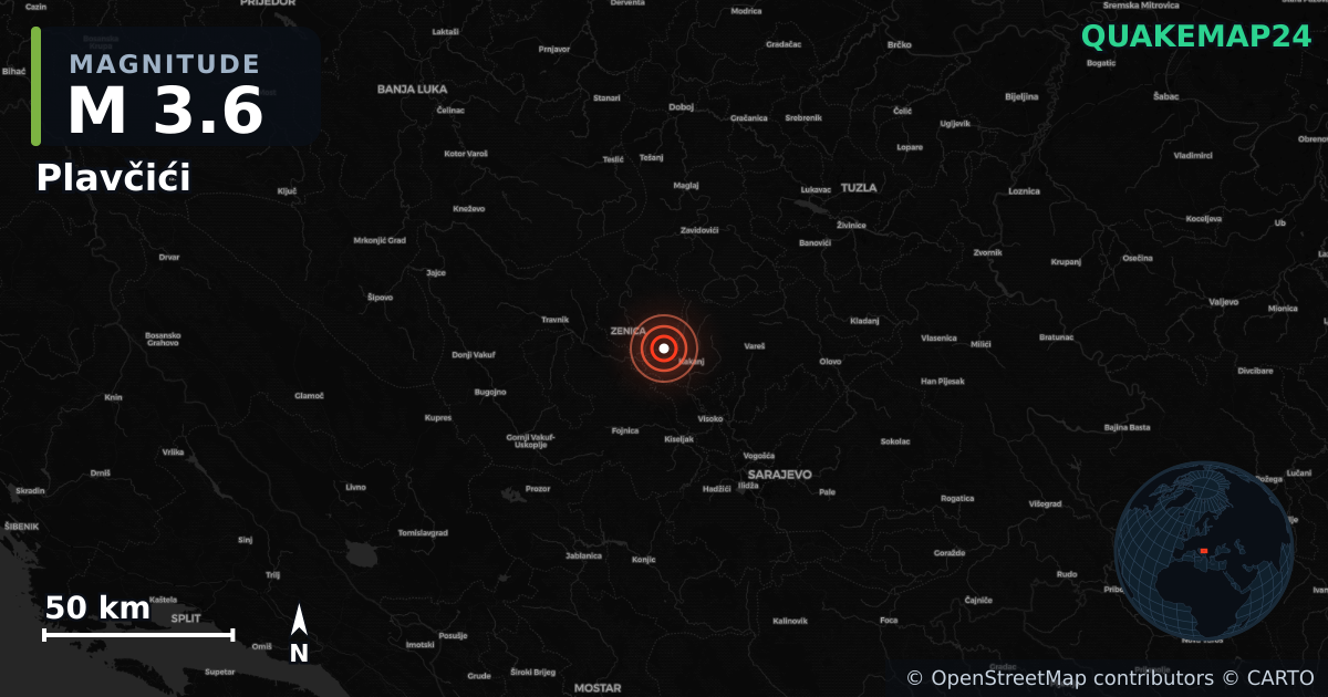 M3.6 earthquake near Plavčići on Jun 30, 2026 — map of epicenter and shaking intensity | QuakeMap24