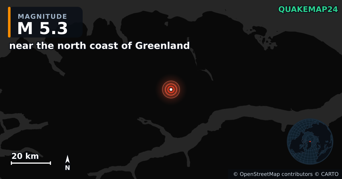 Terremoto de M5,3 cerca de near the north coast of Greenland · 2025-07-15 — Mapa de la ubicación del epicentro
