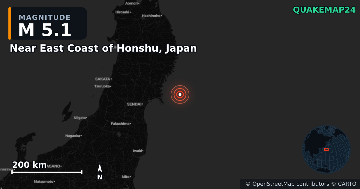 M5.1 earthquake near Near East Coast of Honshu, Japan on Apr 4, 2026 — map of epicenter and shaking intensity | QuakeMap24