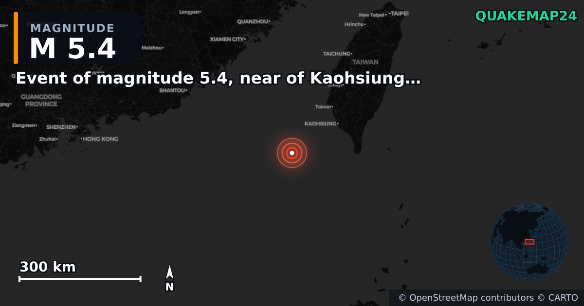 M5.4 earthquake near Event of magnitude 5.4, near of Kaohsiung (Monde) on Aug 16, 2025 — map of epicenter and shaking intensity | QuakeMap24