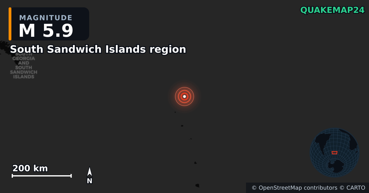 M5.9 earthquake near South Sandwich Islands region on Mar 14, 2025 — map of epicenter and shaking intensity | QuakeMap24