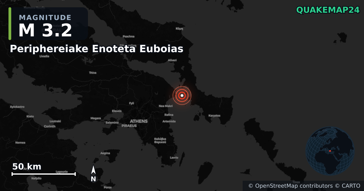 M3.2 earthquake near Periphereiake Enoteta Euboias on Jan 1, 2026 — map of epicenter and shaking intensity | QuakeMap24