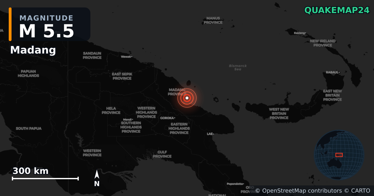 M5.5 earthquake near Madang on Feb 25, 2026 — map of epicenter and shaking intensity | QuakeMap24