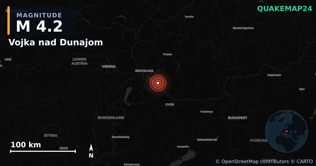 M4.2 earthquake near Vojka nad Dunajom on Feb 21, 2026 — map of epicenter and shaking intensity | QuakeMap24