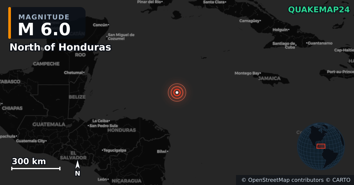 M6.0 earthquake near North of Honduras on Feb 24, 2025 — map of epicenter and shaking intensity | QuakeMap24
