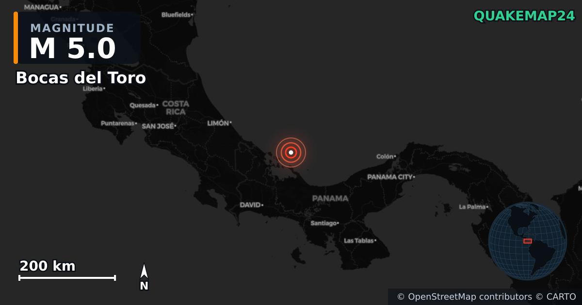 M5.0 earthquake near Bocas del Toro on Feb 28, 2026 — map of epicenter and shaking intensity | QuakeMap24