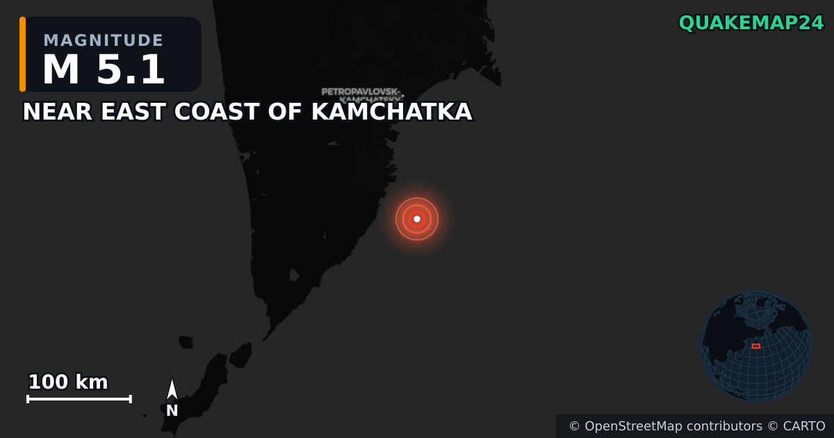 M5.1 earthquake near NEAR EAST COAST OF KAMCHATKA on Jul 30, 2025 — map of epicenter and shaking intensity | QuakeMap24