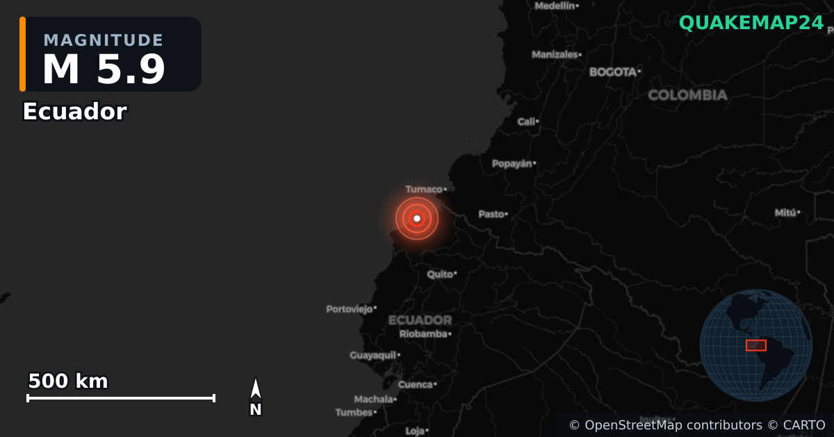 M5.9 earthquake near Ecuador on Apr 25, 2025 — map of epicenter and shaking intensity | QuakeMap24