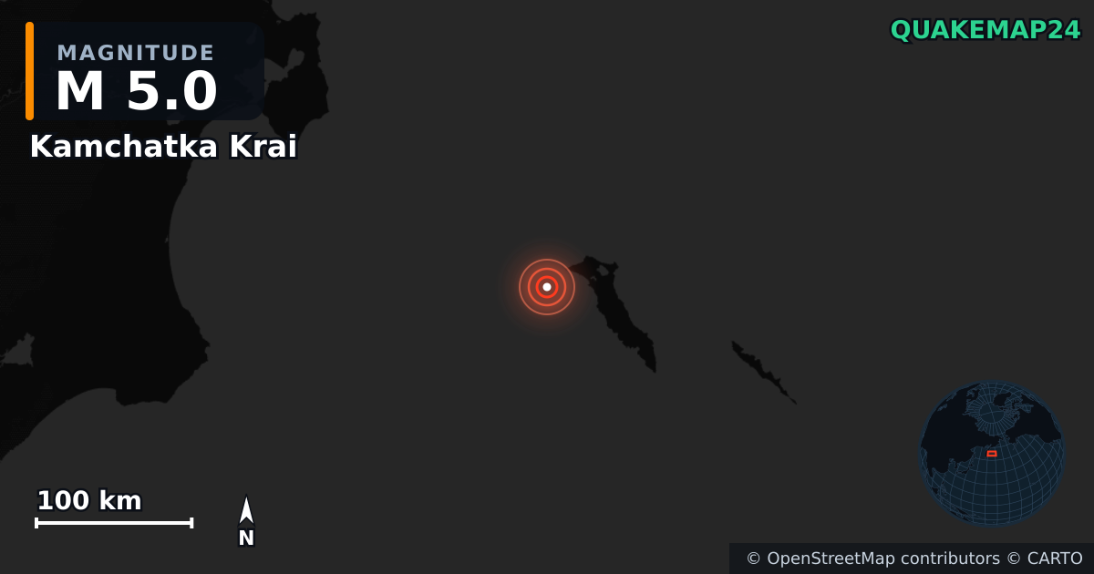 M5.0 earthquake near Kamchatka Krai on Jun 11, 2026 — map of epicenter and shaking intensity | QuakeMap24