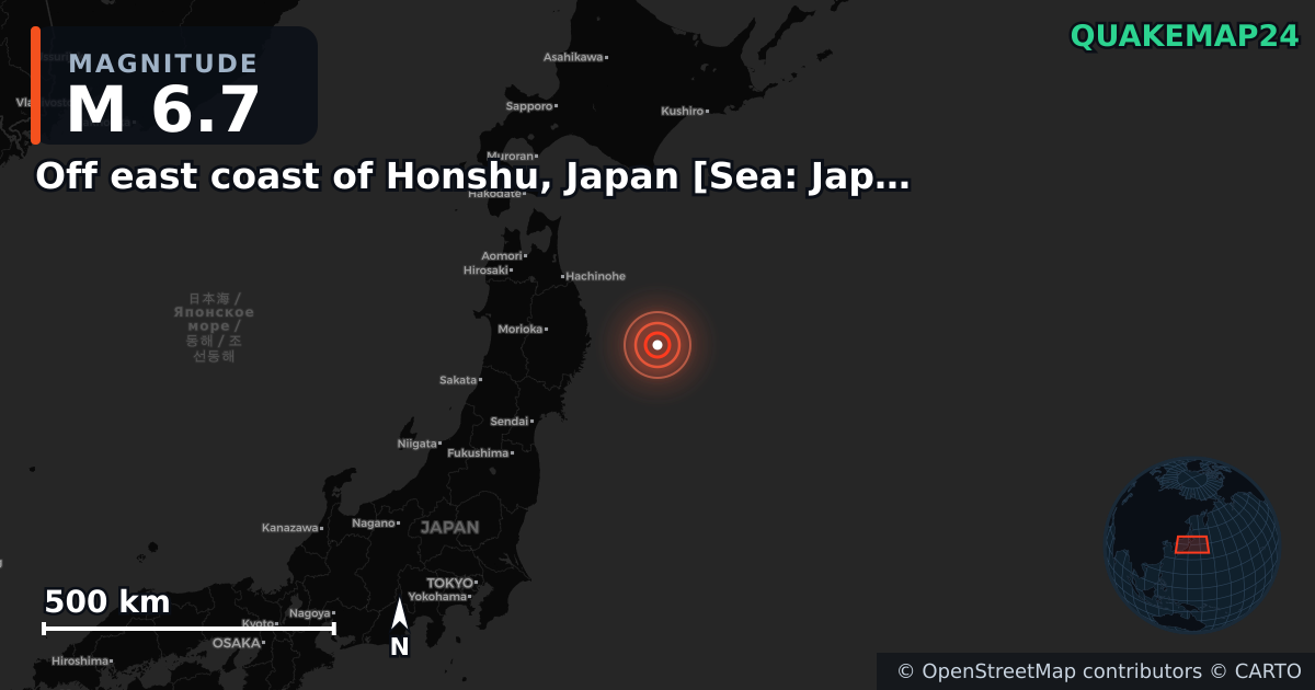 M6.7 earthquake near Off east coast of Honshu, Japan [Sea: Japan] on Nov 9, 2025 — map of epicenter and shaking intensity | QuakeMap24