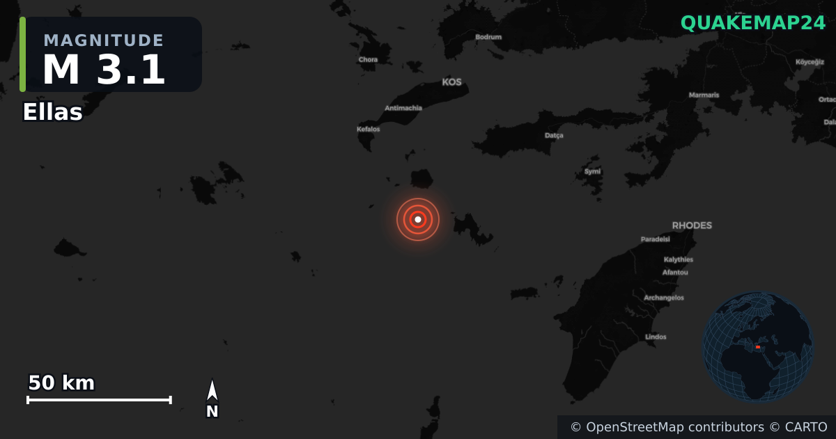 M3.1 earthquake near Ellas on Nov 3, 2025 — map of epicenter and shaking intensity | QuakeMap24