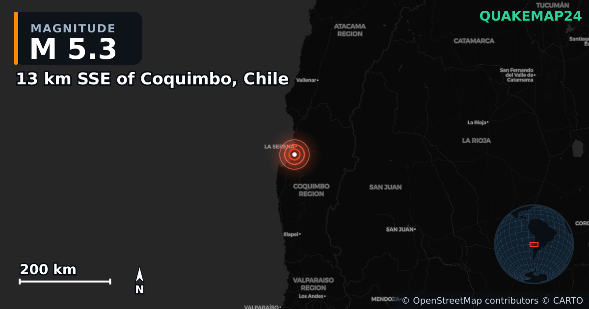 M5.3 earthquake near 13 km SSE of Coquimbo, Chile on Mar 18, 2025 — map of epicenter and shaking intensity | QuakeMap24