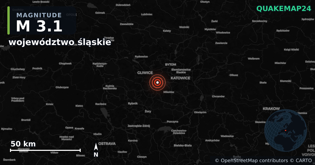 M3.1 earthquake near województwo śląskie on Apr 29, 2025 — map of epicenter and shaking intensity | QuakeMap24