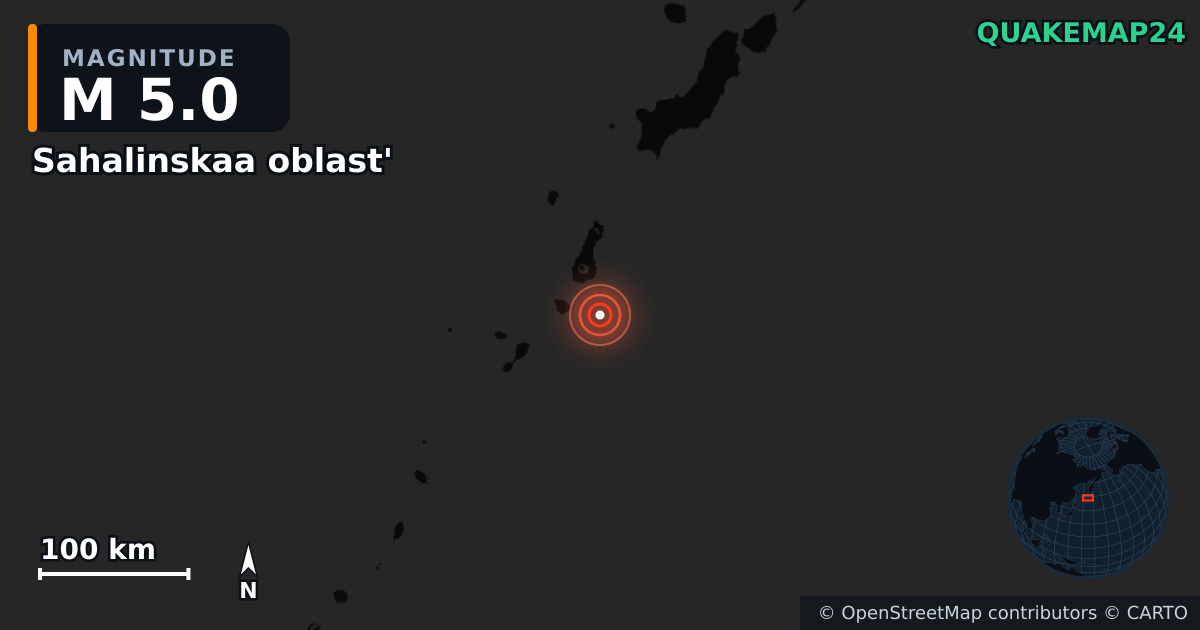 M5.0 earthquake near Sahalinskaa oblast' on Aug 9, 2025 — map of epicenter and shaking intensity | QuakeMap24