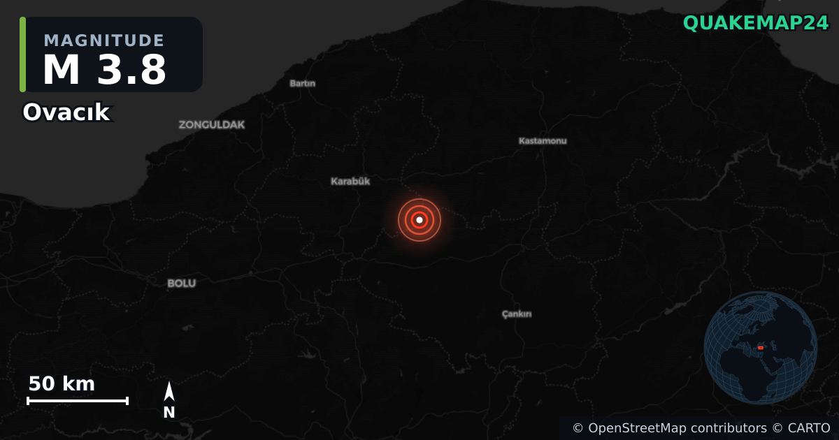 M3.8 earthquake near Ovacık on Dec 2, 2025 — map of epicenter and shaking intensity | QuakeMap24