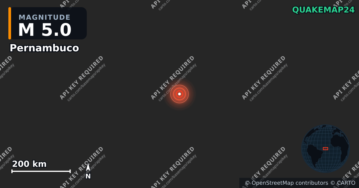 M5.0 earthquake near Pernambuco on May 29, 2026 — map of epicenter and shaking intensity | QuakeMap24