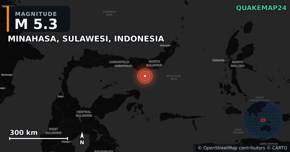 M5.3 earthquake near MINAHASA, SULAWESI, INDONESIA on Apr 17, 2026 — map of epicenter and shaking intensity | QuakeMap24