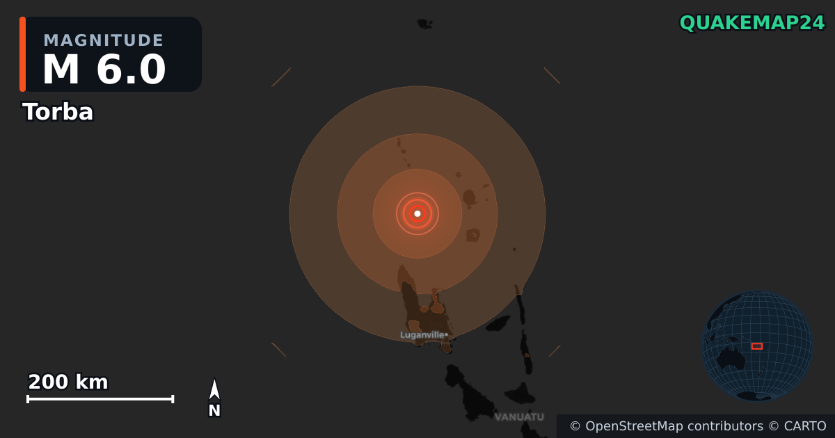 M6.0 earthquake near Torba on Jul 24, 2026 — map of epicenter and shaking intensity | QuakeMap24