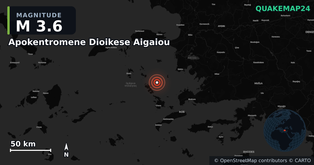M3.6 earthquake near Apokentromene Dioikese Aigaiou on Oct 29, 2025 — map of epicenter and shaking intensity | QuakeMap24