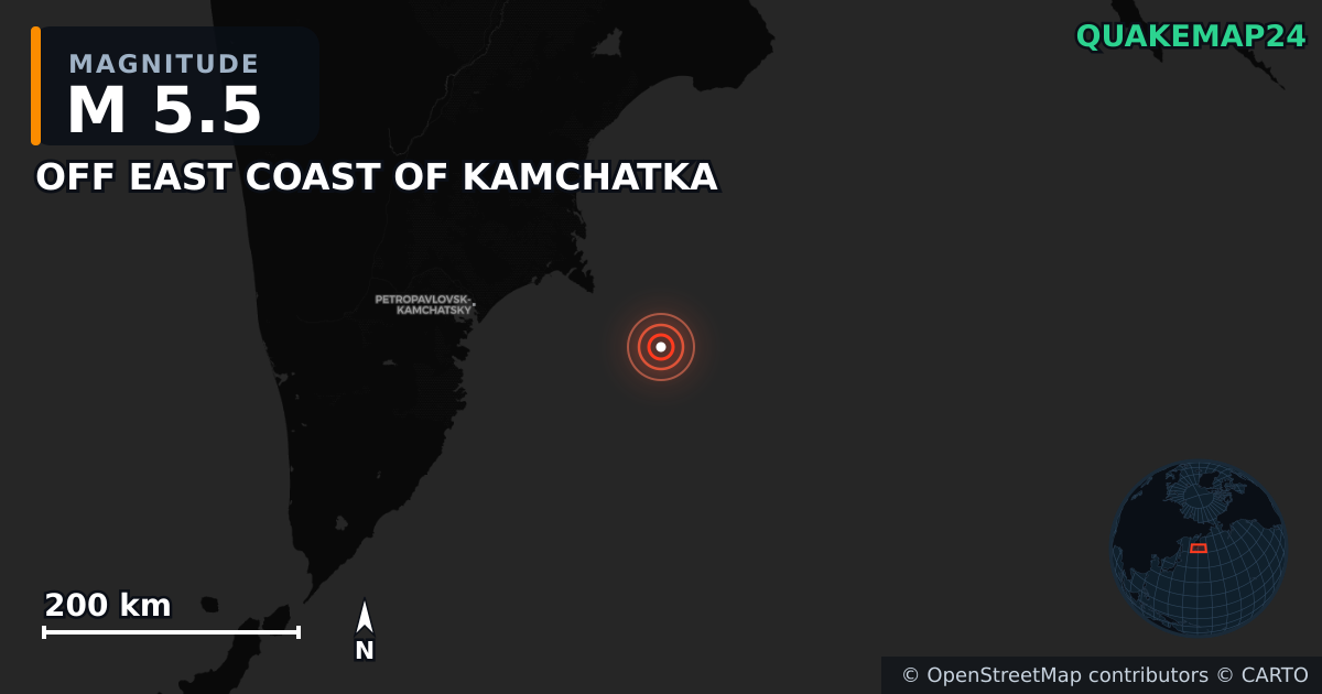 M5.5 Earthquake near OFF EAST COAST OF KAMCHATKA · 2025-07-22 — Map showing the location of the epicenter
