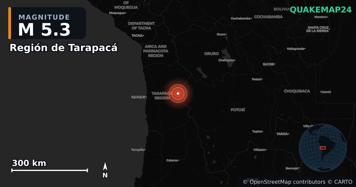 M5.3 earthquake near Región de Tarapacá on Sep 19, 2025 — map of epicenter and shaking intensity | QuakeMap24