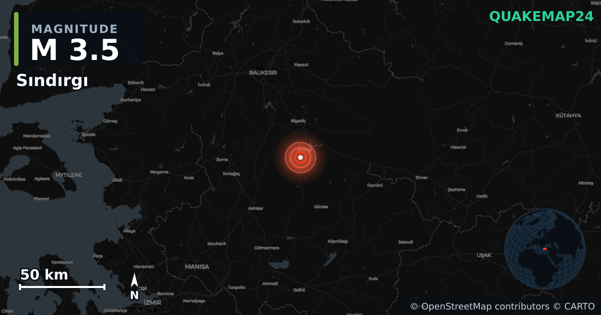 Terremoto de M3,5 cerca de Sındırgı (Turquía) · 2025-12-16 — Mapa de la ubicación del epicentro