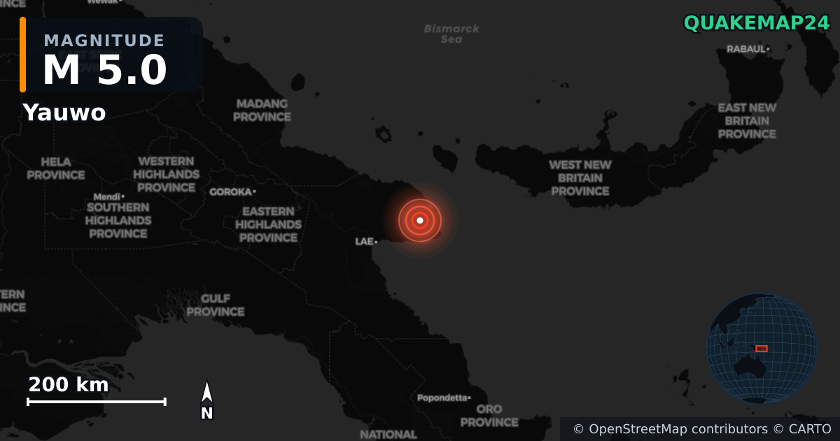 M5.0 earthquake near Yauwo on May 17, 2026 — map of epicenter and shaking intensity | QuakeMap24
