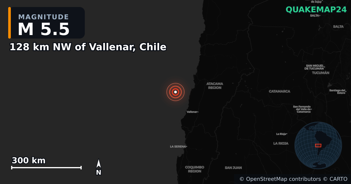 Sismo de M5,5 perto de 128 km NW of Vallenar, Chile — Mapa da localização do epicentro