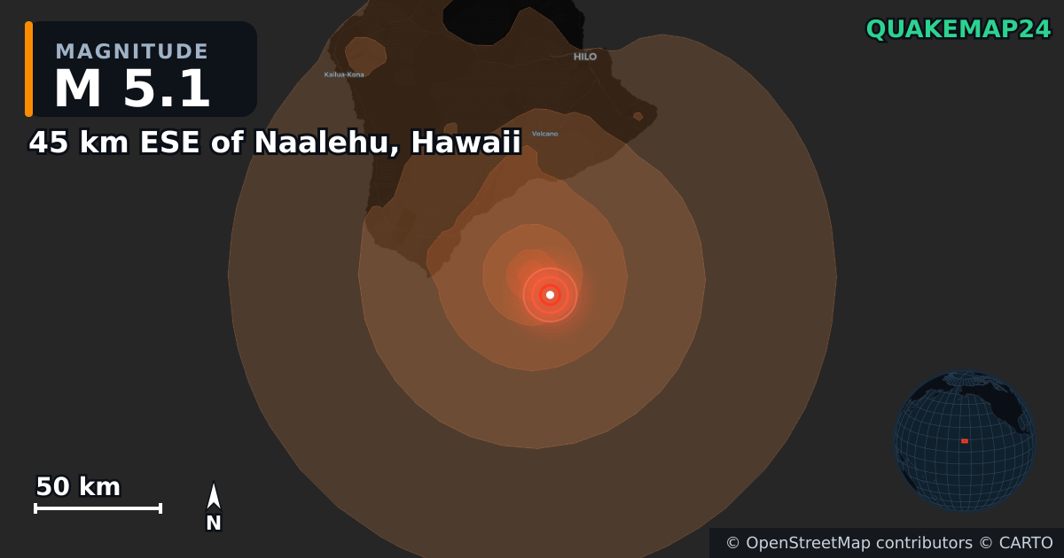 M5.1 earthquake near 45 km ESE of Naalehu, Hawaii on Aug 12, 2026 — map of epicenter and shaking intensity | QuakeMap24
